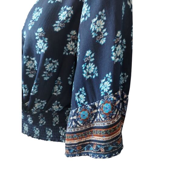 Twine & String Womens Large Top Kimono Sleeve Mosaic Floral Smocked Waist Boho - Picture 3 of 13